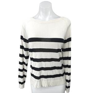 Zara White Black White Striped Knit Boat Neck Long Sleeve Pullover Sweater Top L